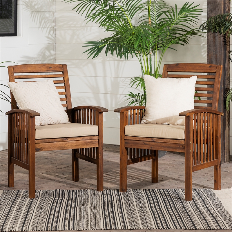 Acacia wood Patio Chairs with Cushions in Dark Brown - Set of 2