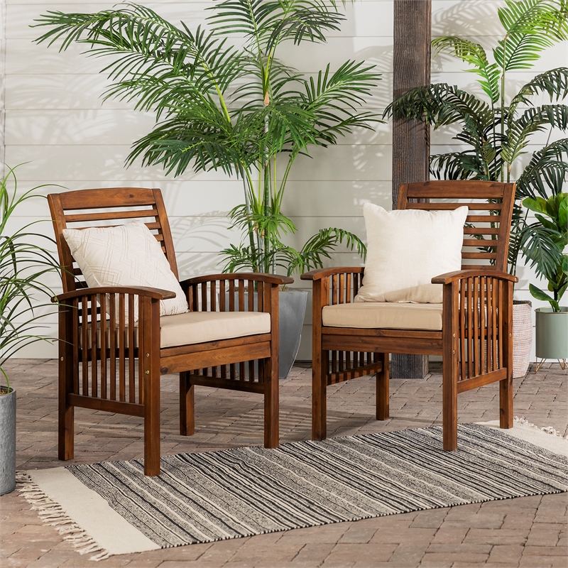 Acacia wood Patio Chairs with Cushions in Dark Brown - Set of 2