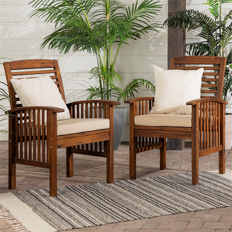Acacia wood Patio Chairs with Cushions in Dark Brown - Set of 2