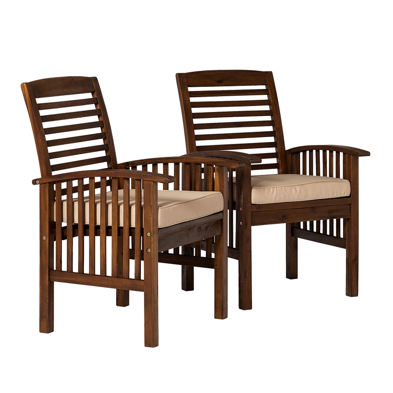 Acacia wood Patio Chairs with Cushions in Dark Brown - Set of 2