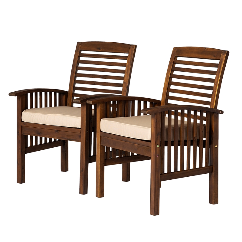 Acacia wood Patio Chairs with Cushions in Dark Brown - Set of 2