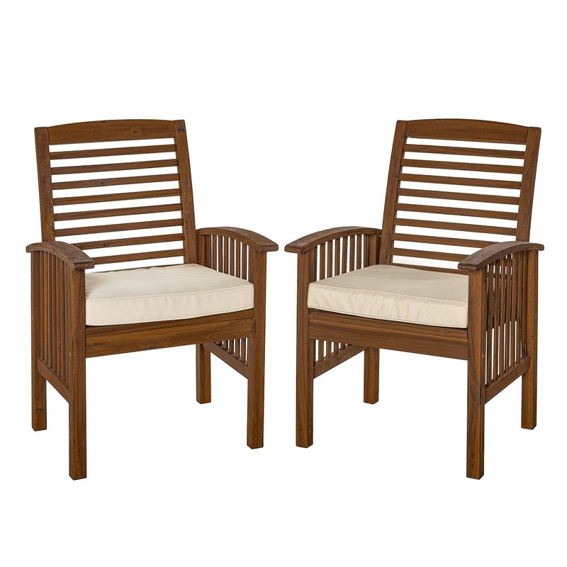 Acacia wood Patio Chairs with Cushions in Dark Brown - Set of 2