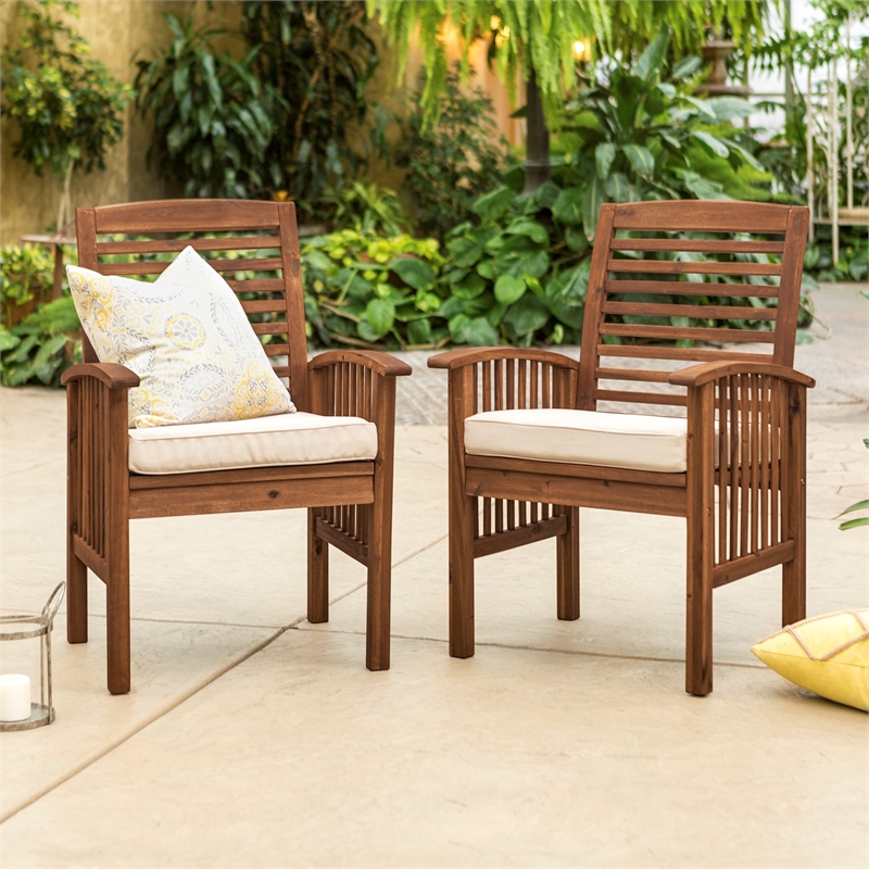 Acacia wood Patio Chairs with Cushions in Dark Brown - Set of 2