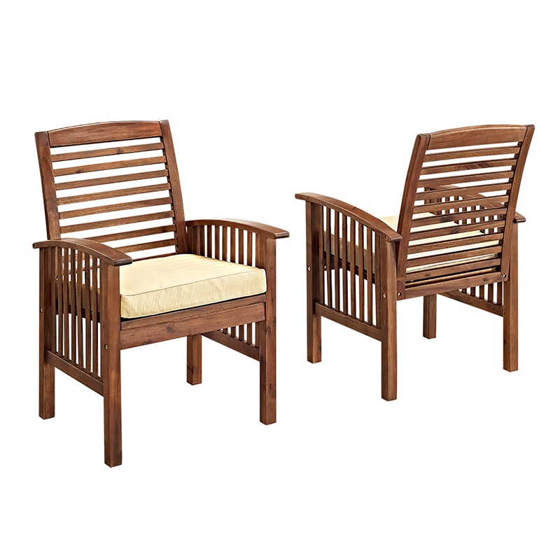 Acacia wood Patio Chairs with Cushions in Dark Brown - Set of 2