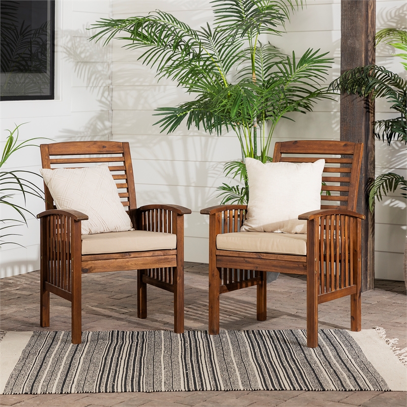 Acacia wood Patio Chairs with Cushions in Dark Brown - Set of 2