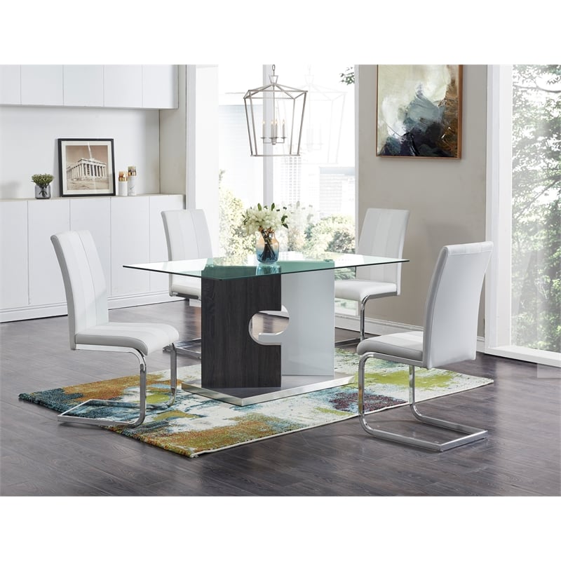 Global Furniture USA Aiah Gray/White Pedestal and Glass Top Dining Table