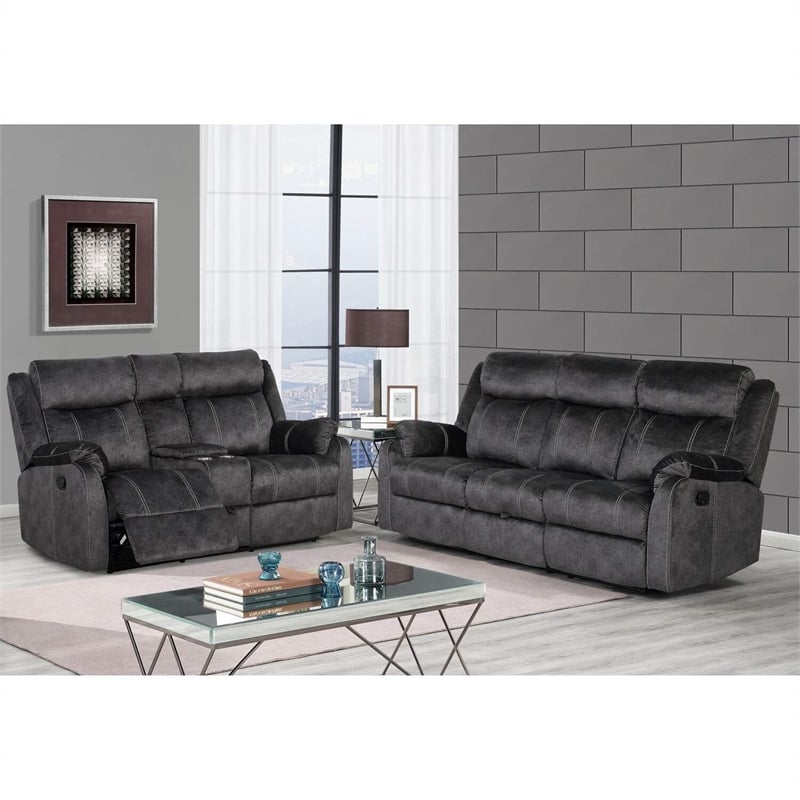 Global Furniture USA Microfiber Recliner Sofa with DDT & Drawer in Gray