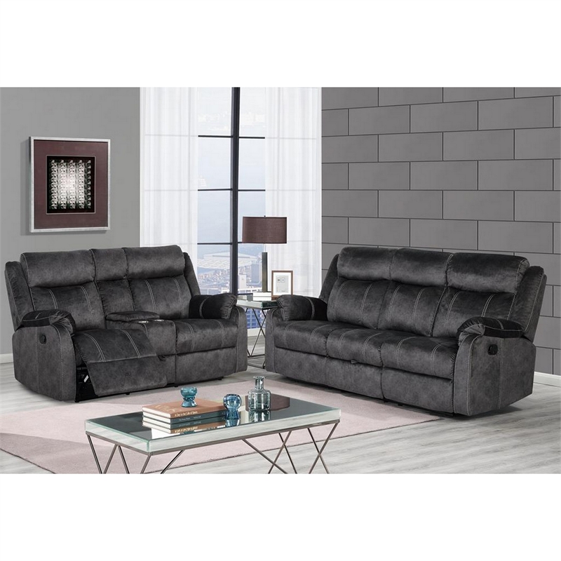 Global Furniture USA Domino Fabric Gray Reclining Loveseat w/ Console and Drawer