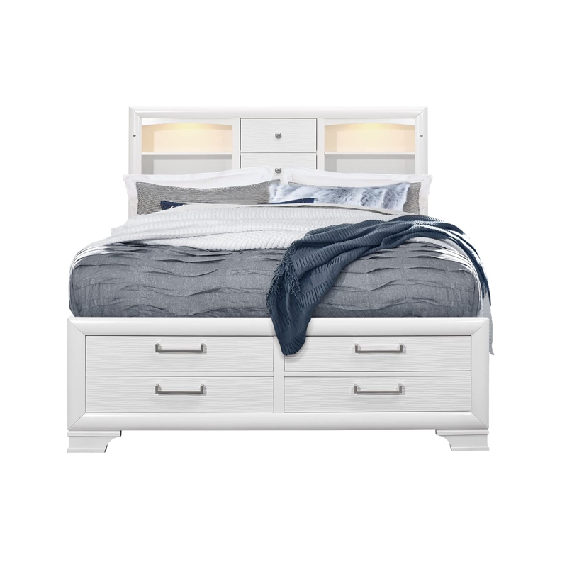 Global Furniture USA Jordyn White Wood King Storage Bed with LED Headboard