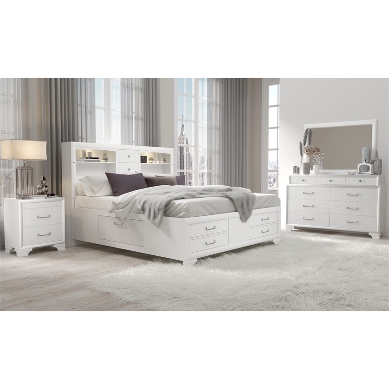 Global Furniture USA Jordyn White Wood Queen Storage Bed with LED Headboard