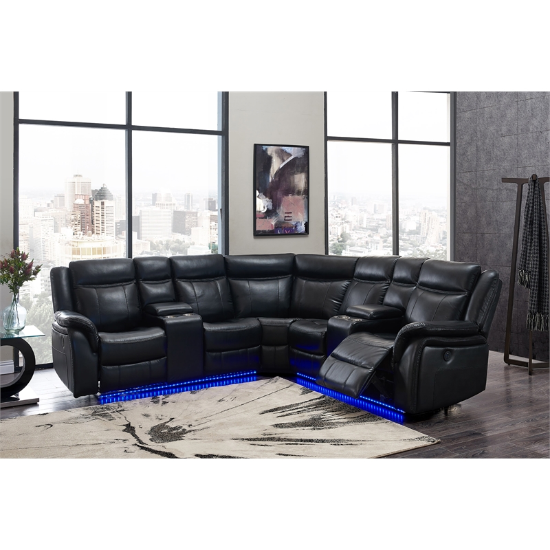 Global Furniture USA UM02 Blanche Faux Leather Black Sectional W/ LED Lighting