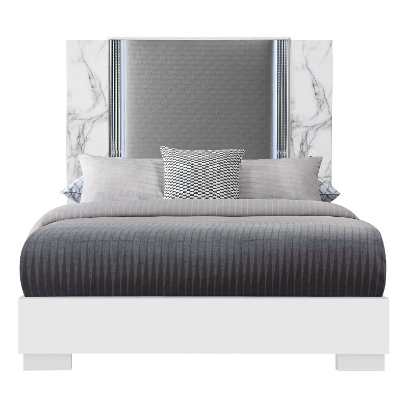 Global Furniture USA Ylime White High Gloss Marble Queen Bed with LED
