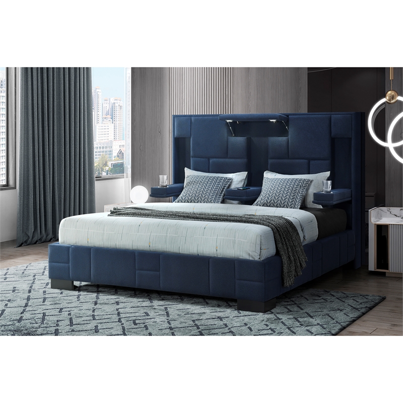 Global Furniture USA Oscar Navy Blue Fabric King Bed