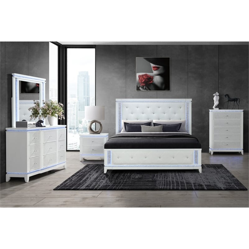Global Furniture USA Alina White Wooden Tufted Queen Bed with LED