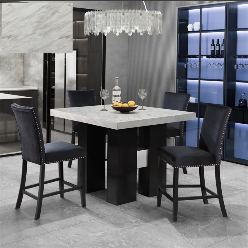 Global Furniture USA D04 White Marble Top + 4 D04 Bar Stool Black