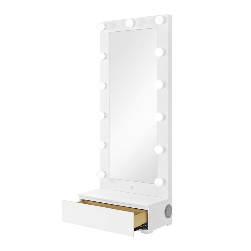 Ella White Wood Tall Mirror with Storage Drawer and Speaker