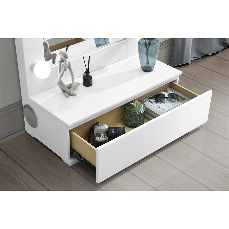 Ella White Wood Tall Mirror with Storage Drawer and Speaker