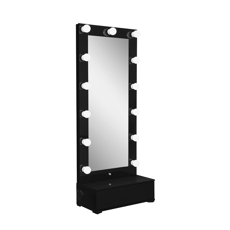 Ella Black Narrow Tall Mirror with Storage Drawer and Speaker