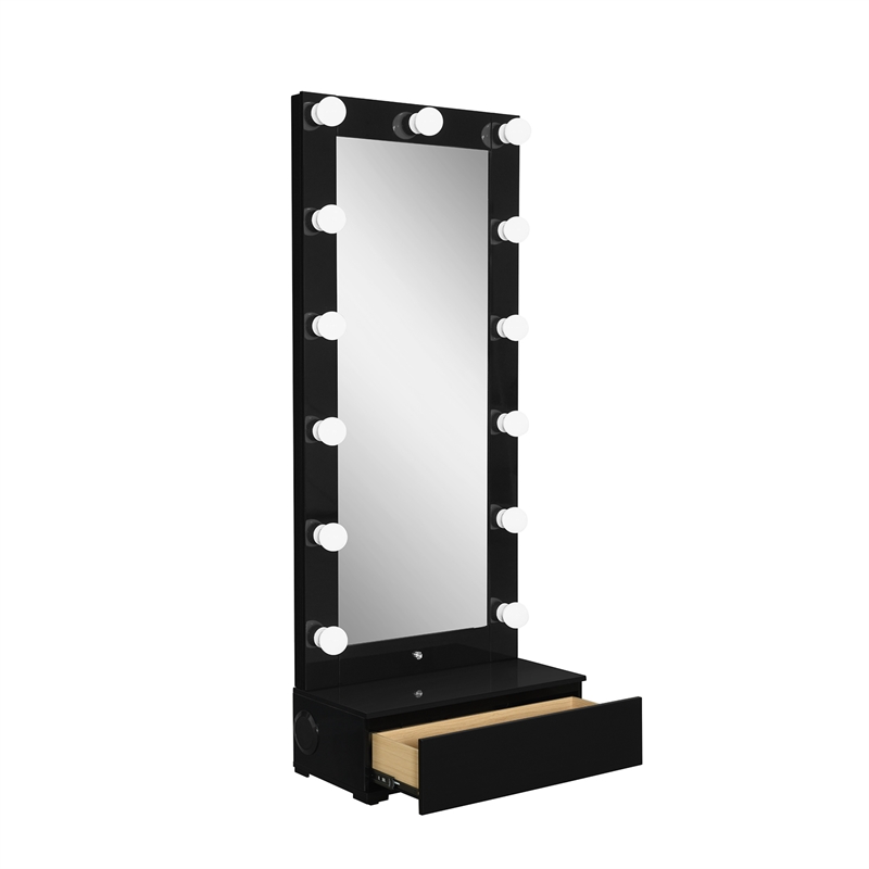 Ella Black Narrow Tall Mirror with Storage Drawer and Speaker