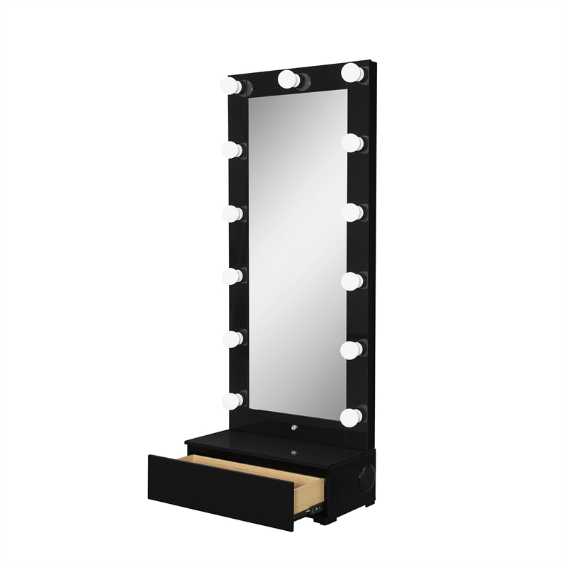 Ella Black Narrow Tall Mirror with Storage Drawer and Speaker