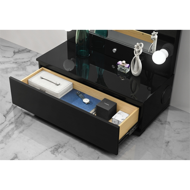 Ella Black Narrow Tall Mirror with Storage Drawer and Speaker