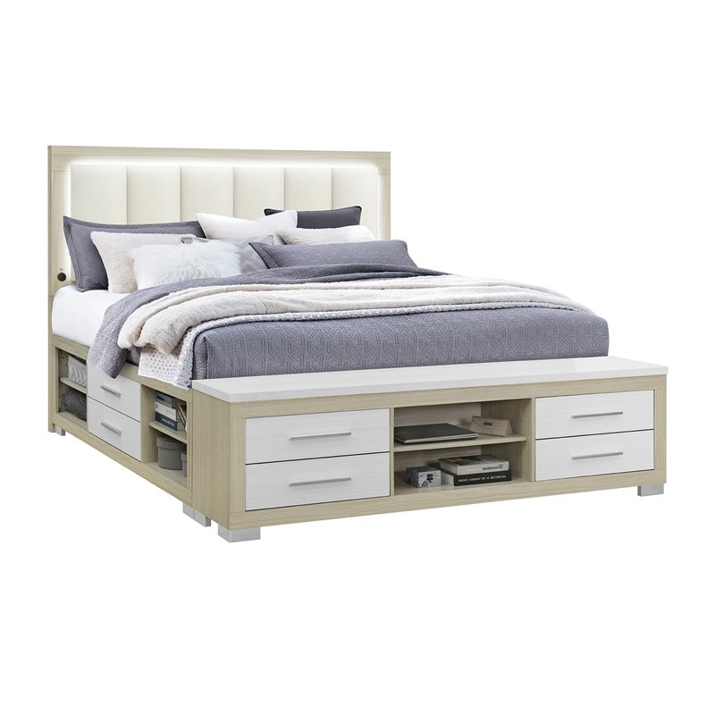 Emma Natural White King Storage Bed with LED Lighting and USB Ports