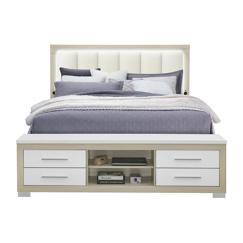 Emma Natural White King Storage Bed with LED Lighting and USB Ports