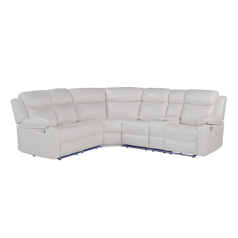White Faux Leather Reclining Sectional Sofa with Cup Holders