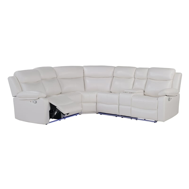 White Faux Leather Reclining Sectional Sofa with Cup Holders