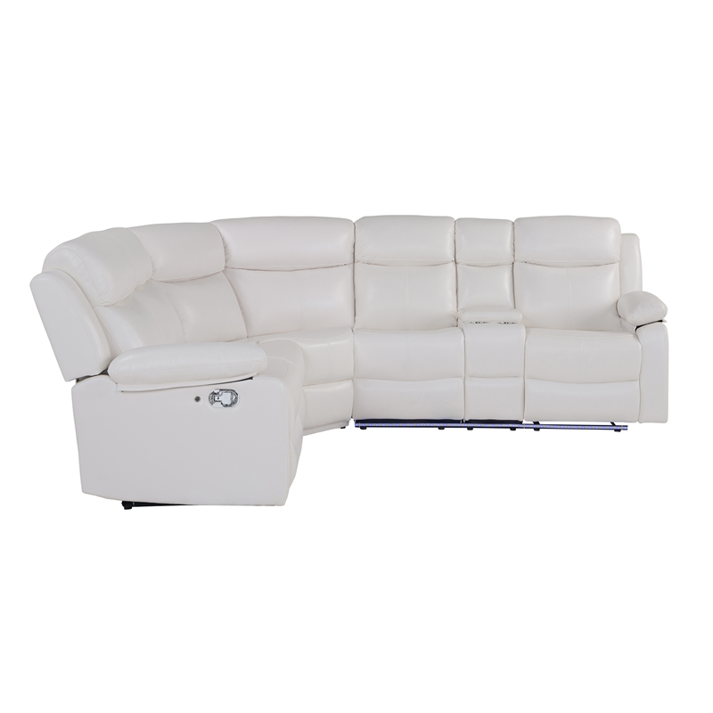 White Faux Leather Reclining Sectional Sofa with Cup Holders