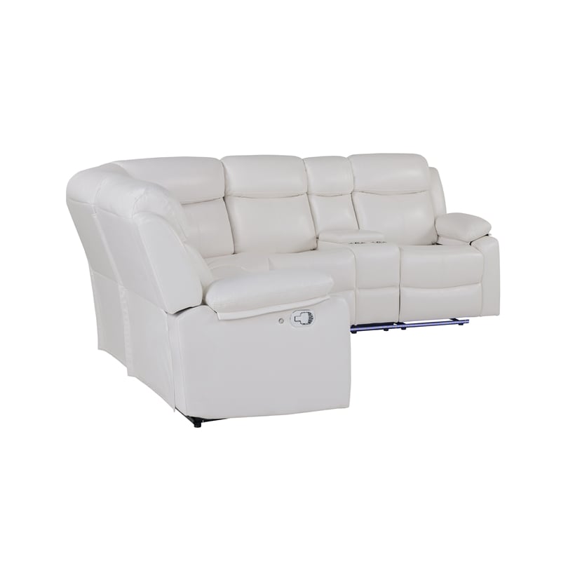 White Faux Leather Reclining Sectional Sofa with Cup Holders