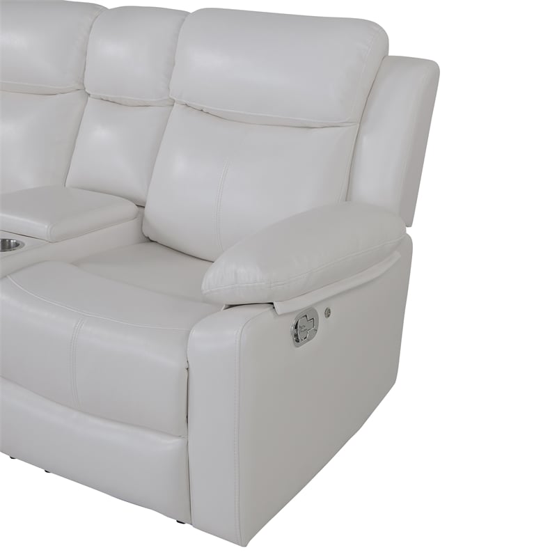 White Faux Leather Reclining Sectional Sofa with Cup Holders