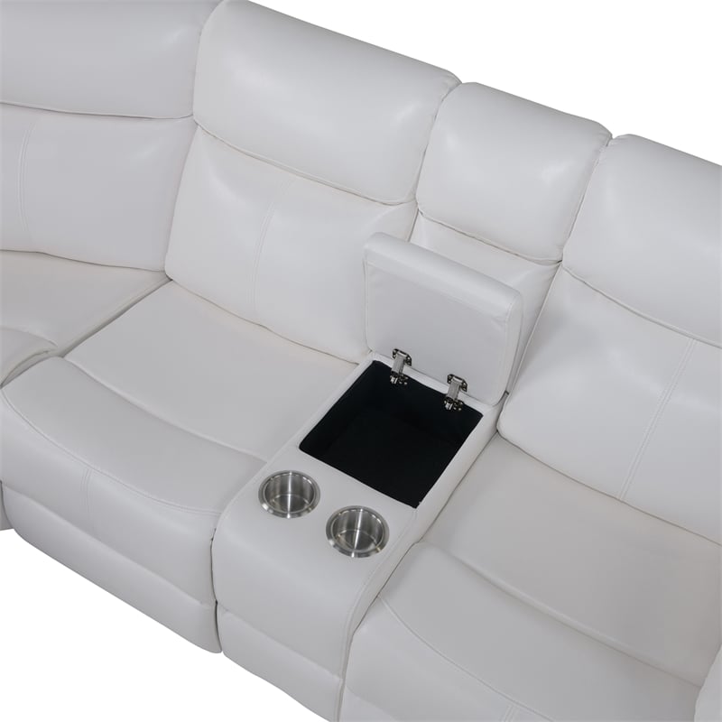 White Faux Leather Reclining Sectional Sofa with Cup Holders