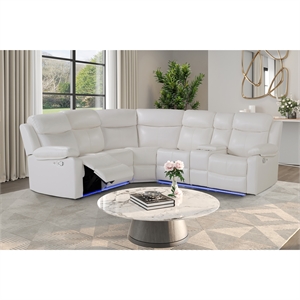 White Faux Leather Reclining Sectional Sofa with Cup Holders