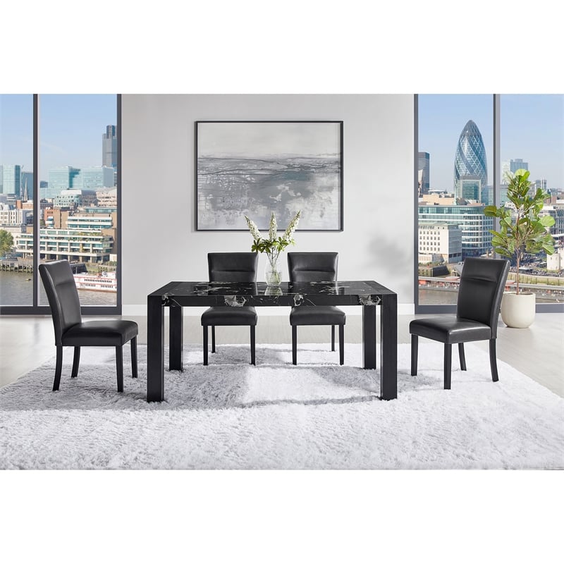 Black Wood Dining Table with Marble Look Surface