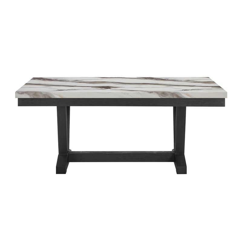 White Marble Look Dining Table with Black Pedestal Base