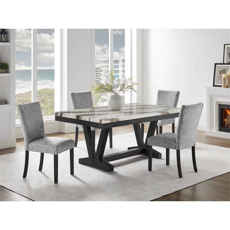 White Marble Look Dining Table with Black Pedestal Base