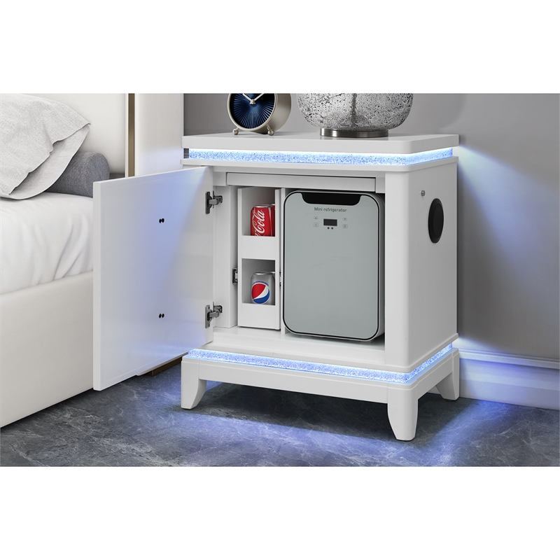 Alina White Bedside Table with Cooler/ LED /USB and Bluetooth Speaker