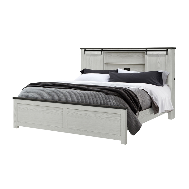 Ava Beige Solid and Engineered Wood Bookcase Headboard King Bed