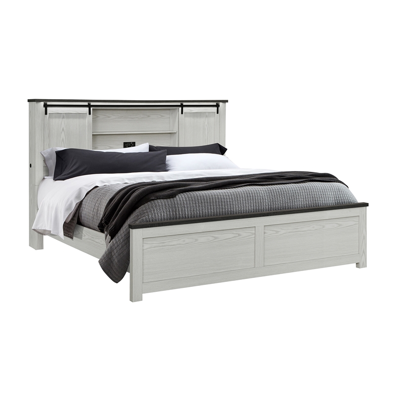 Ava Beige Solid and Engineered Wood Bookcase Headboard King Bed