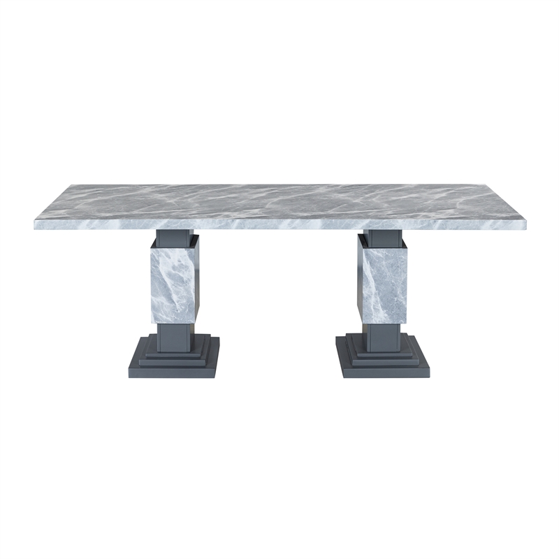 Gray Wood Dining Table with Double Pedestal Base