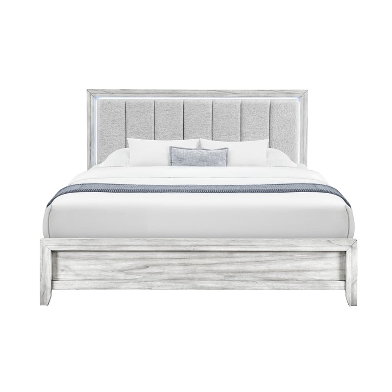 Elsie Washed Gray King Bed with Upholstered Headboard and LED Lighting