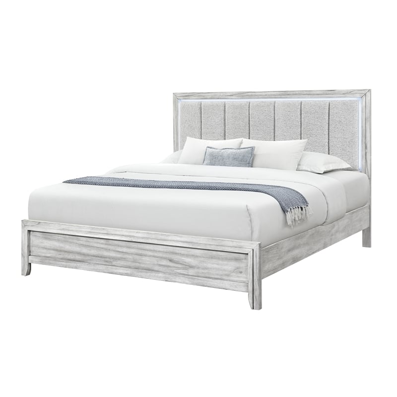 Elsie Washed Gray King Bed with Upholstered Headboard and LED Lighting