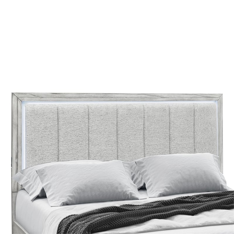 Elsie Washed Gray King Bed with Upholstered Headboard and LED Lighting