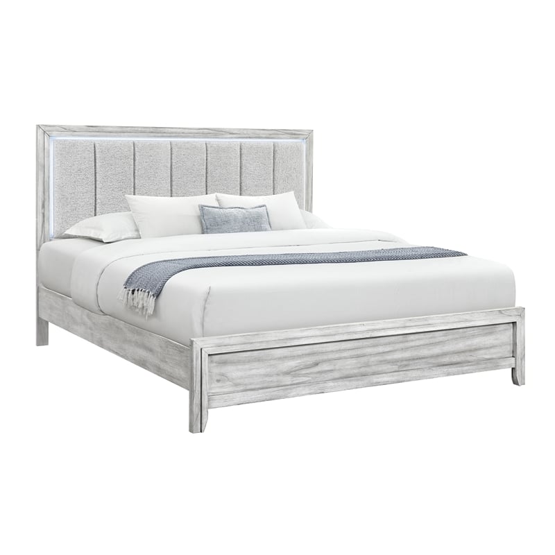 Elsie Washed Gray King Bed with Upholstered Headboard and LED Lighting