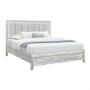 Elsie Washed Gray King Bed with Upholstered Headboard and LED Lighting