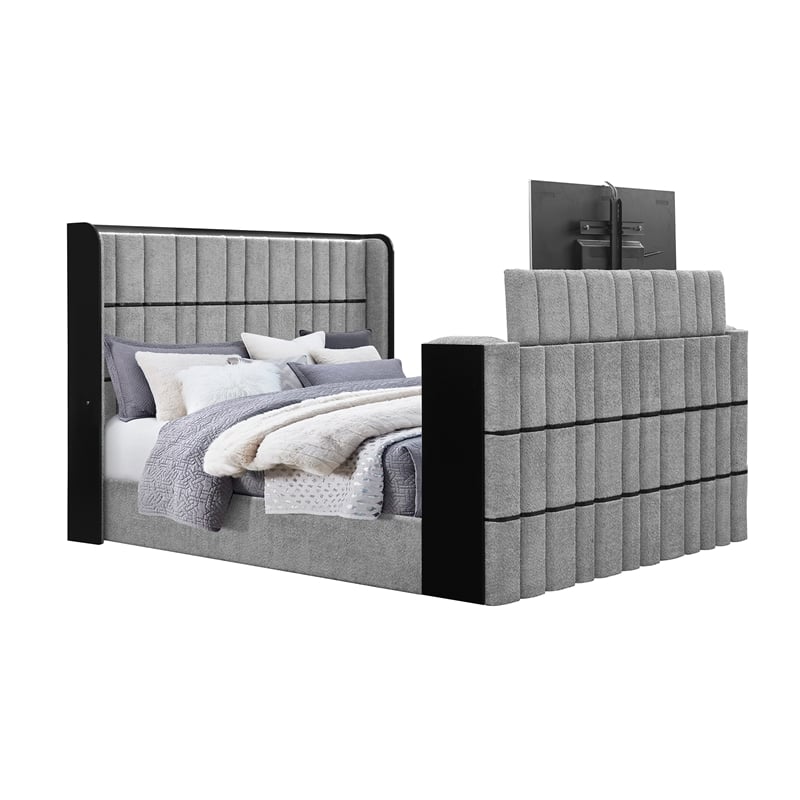 Isabella Gray Fireplace-TV Lift and Speakers King Bed