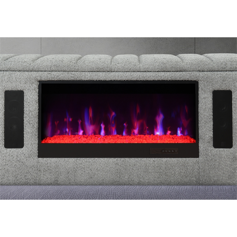 Isabella Gray Fireplace-TV Lift and Speakers Queen Bed