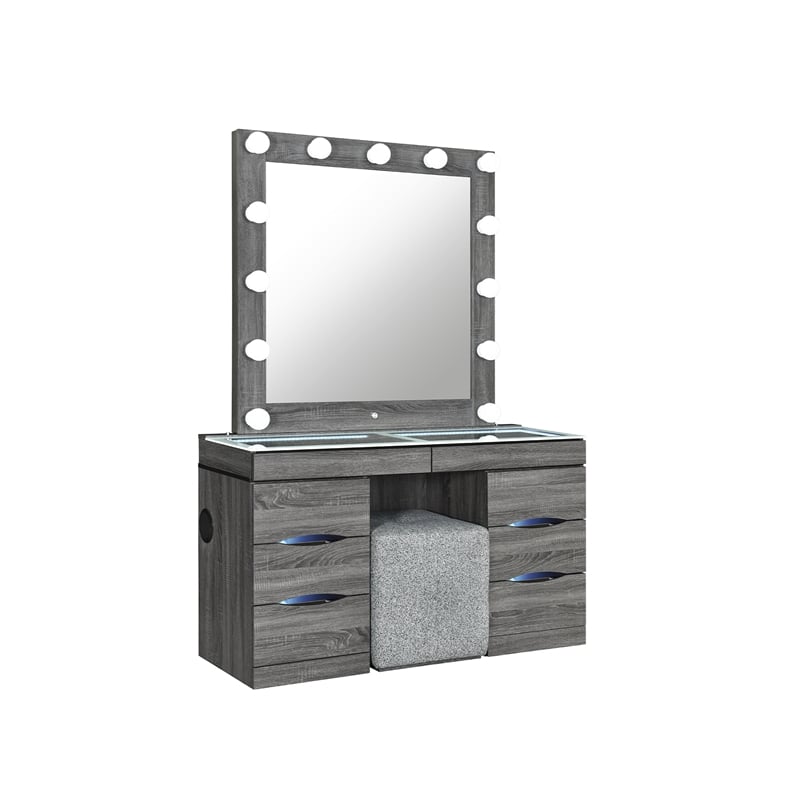 Lexi Gray Wood Vanity Set with Lighted Mirror and Upholstered Stool