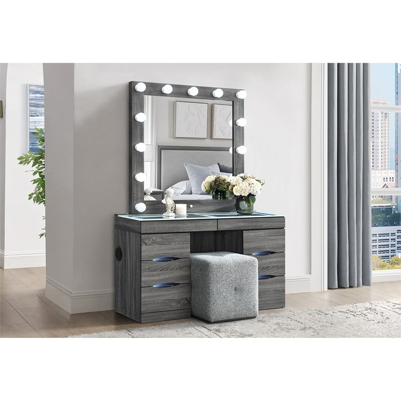 Lexi Gray Wood Vanity Set with Lighted Mirror and Upholstered Stool